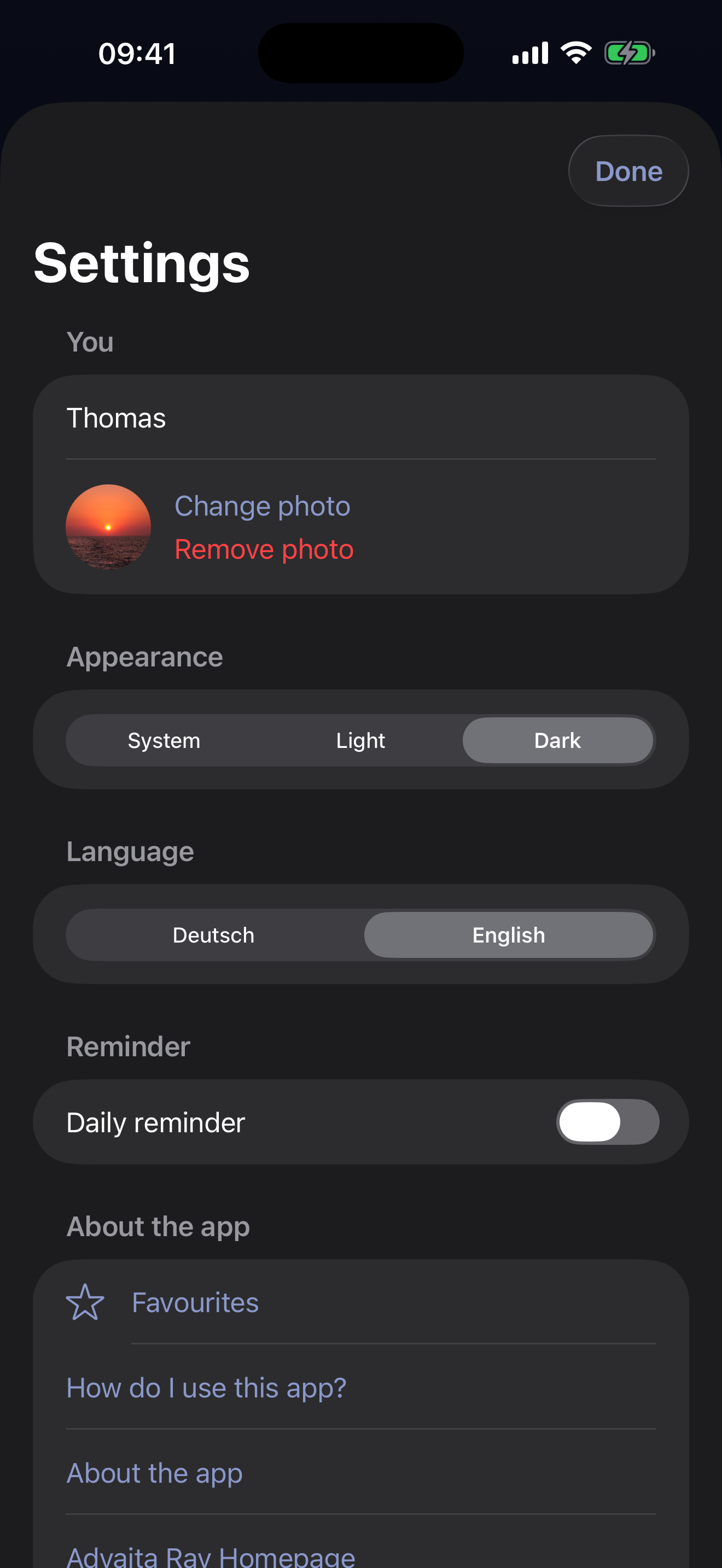 Advaita Ray settings in dark mode